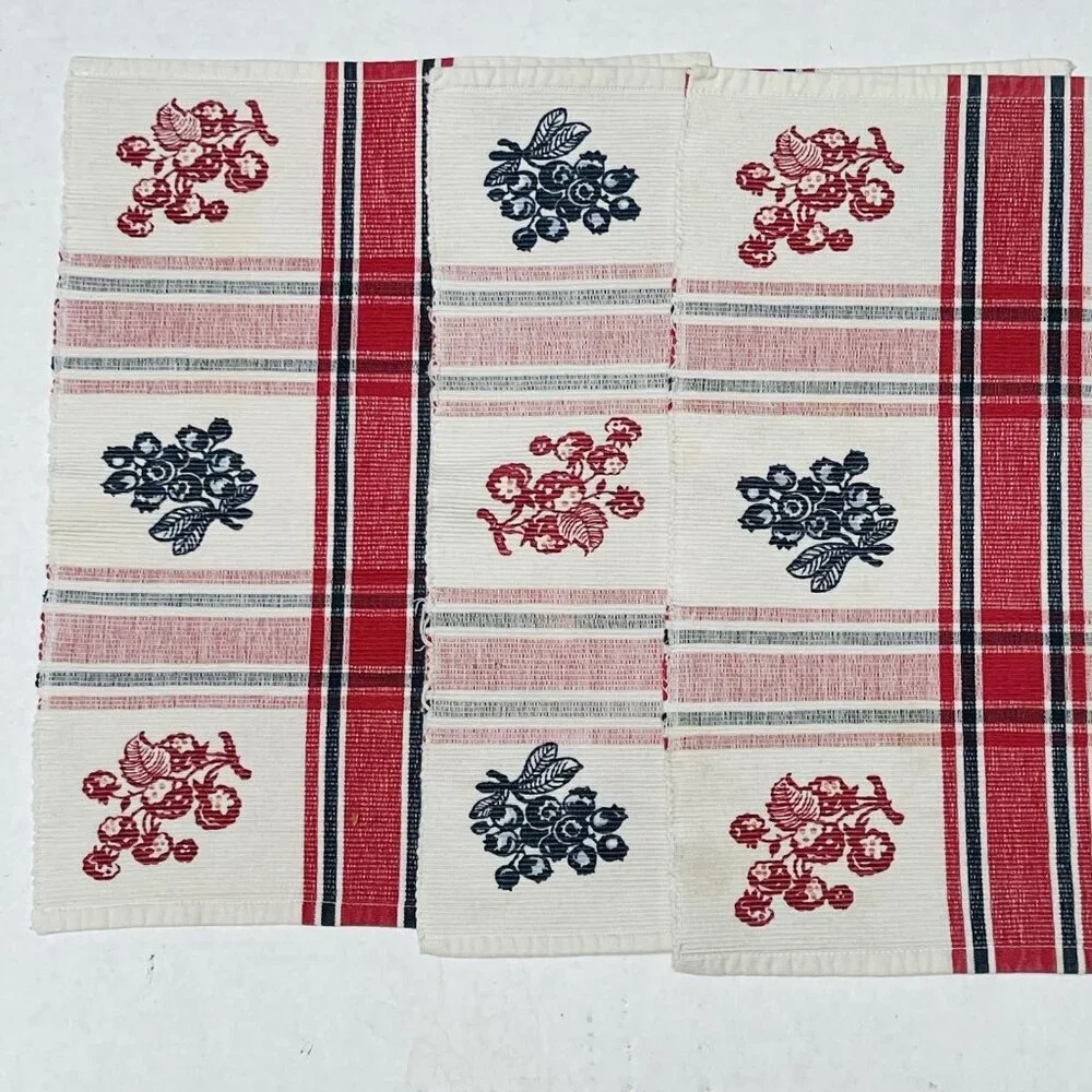Vintage Placemats Red White Blue Stripes Floral Set of 4 Woven Farmhouse Country